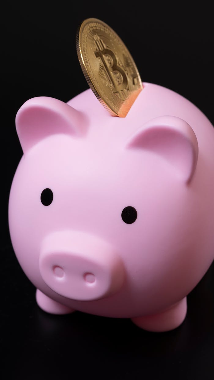 Pink piggy bank with a Bitcoin coin inserted, symbolizing digital savings and investment.